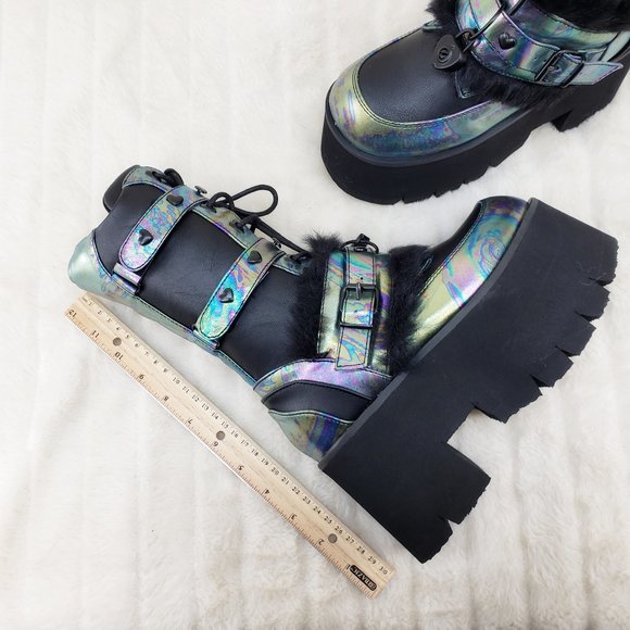 Ash Goth Punk Furry Mid Calf Platform Boots - Picture 11 of 15